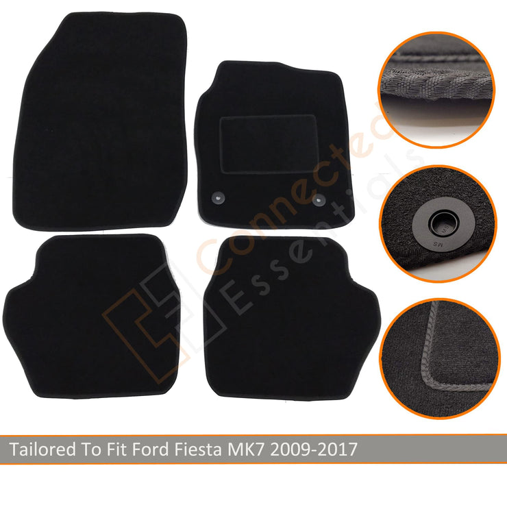 Fully Tailored Car Mats for Ford Fiesta MK7 2008-2017, Set of 4 Floor Mats, Black with Black Trim with 2 Safety Clips 1947554