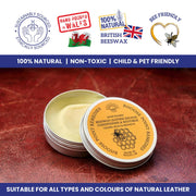 Beeswax Leather Conditioner Restorer & Polish - Hand Poured British Beeswax Balsam CLEANS SEALS and PROTECTS Handcrafted in Wales UK Rich Natural Leather Conditioner and Leather Restorer (100g)