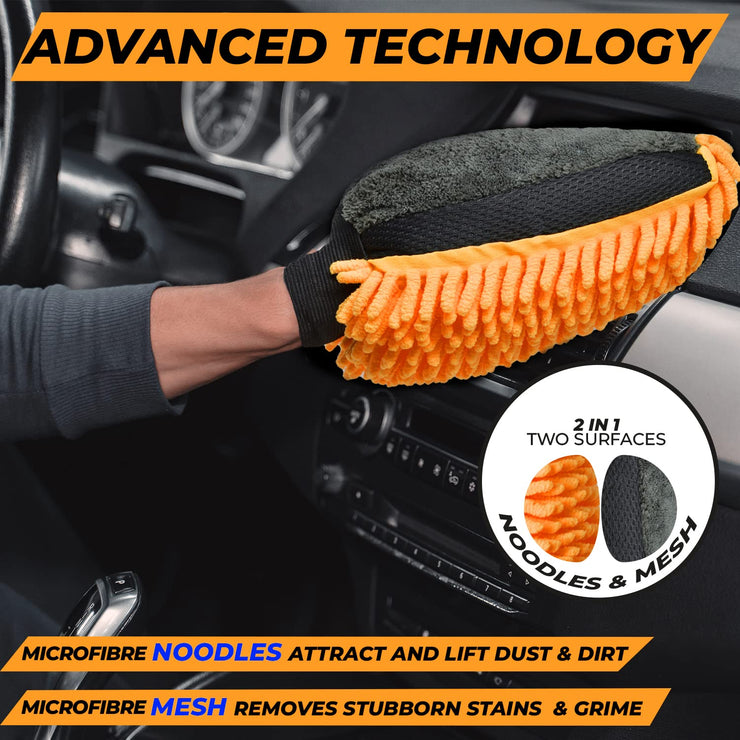 Towelogy® X069 Premium Microfibre Car Wash Mitt Scratch Free Noodle Chenille Large Size DUAL Sided Mitt & Sponge 31x20cm (Orange, 1)