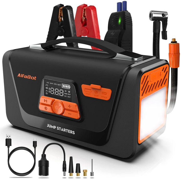 Car Jump Starter with Air Compressor, 4000A Peak 150PSI Portable Battery Starter 12V 26800mAh Car Battery Booster Pack (8.0L Diesel/All Gas), 4 in 1 Jump Starter/Air Compressor/Power Bank/LED Light