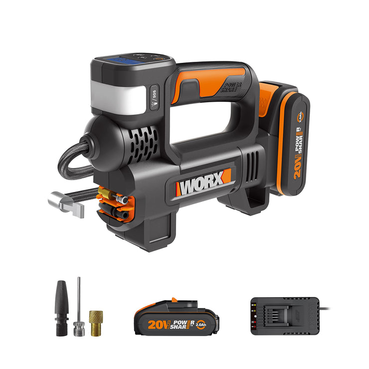 WORX 20V Cordless Inflator WX092 Multi-Function Air Pump, Powerful LED Light & SOS Emergency Light, Max. 150 PSI High Pressure, PowerShare, 1 * 2.0Ah Battery, 1 * 2A Charger