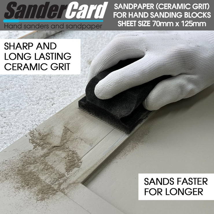 10 P180 Grit Sandpaper Sheets 125mm x 70mm | Fast Sanding Ceramic Grit | Hook & Loop Backed | Fits Hand Sanding Blocks | Sands Wood, Paint, Metal & Fillers | Use Dry or Wet