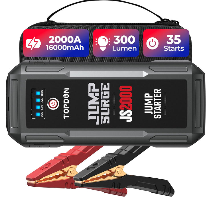 TOPDON Jump Starter JS2000, 2000A/16000mAh Battery Booster Jump Starter Power Pack for Up to 8L Gas/6L Diesel Engines, Portable Jump Starter Power Bank with Jumper Cable/LED Flashlight