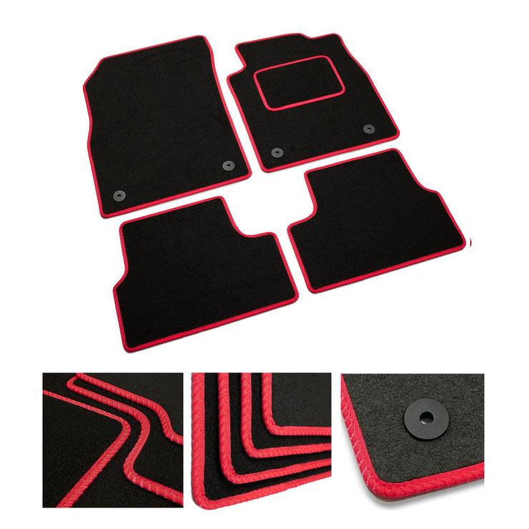 DB Bespoke - Tailored Car Mats - Compatible with Vauxhall Corsa E 2014-2019 - Black Carpet - Non-Slip Carpet Mat - 4 pc Complete Car Floor Mats with No clips - Black with Red Trim