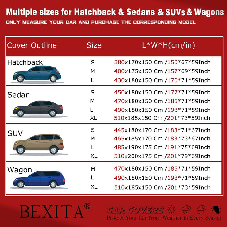 BEXITA Car Cover Waterproof Outdoor Car Covers for Automobiles All Weather Sun Ice Frost Snow Cover Winter Fit for Saloon; Size M: Max470cm