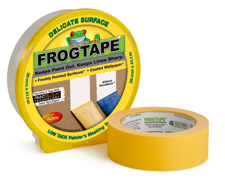 Frog Tape Yellow Delicate Surface Painters Masking Tape 36mm x 41.1m. Indoor painting and decorating for sharp lines and no paint bleed