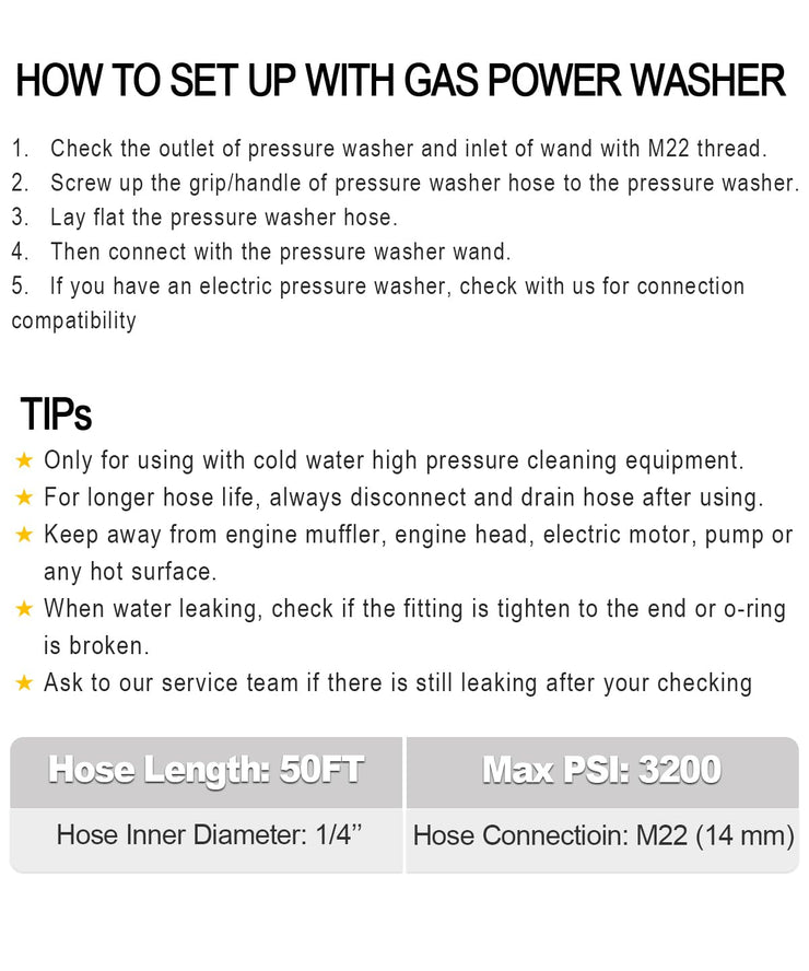 YAMATIC M22Pressure Washer Hose 15M/50FT 1/4", Kink Resistant Power Washer Hose Replacement for Flexzilla Uberflex Ryobi Genarac Troy Bilt Honda Leak-Free 22MM Fittings, 3200 PSI/220 Bar