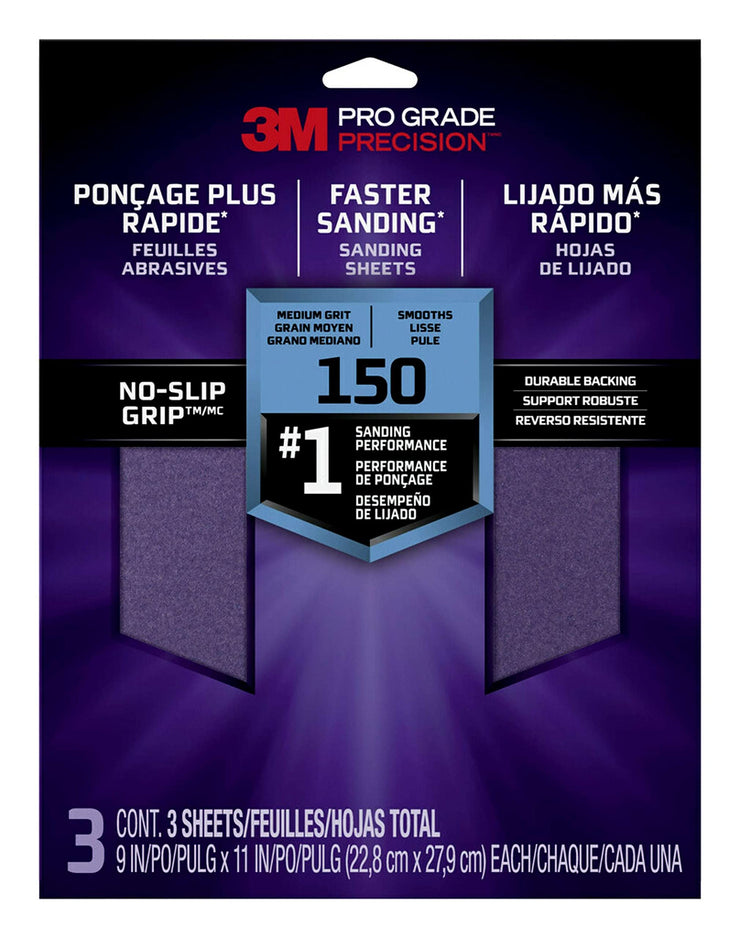 3M Pro Grade Precision Faster Sanding Sanding Sheets 150 grit Medium, 26150TRI-3, 22.8 cm x 27.9 cm, 3/Pack