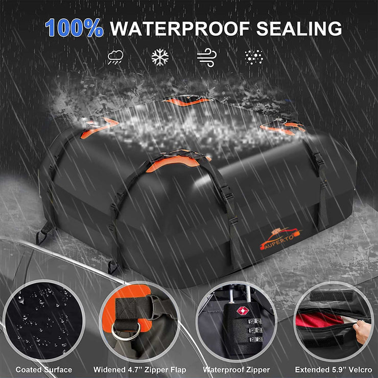 Car Roof Bag, PVC 15 Cubic Feet Waterproof Cargo Carrier Luggage Box with Anti-Slip Mat + Lock + 6 Door Hooks, Suitable for All Vehicles with/without Luggage Rack