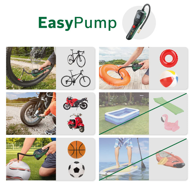 Bosch Electric Bike Pump, Portable Air Pump, Cordless Tyre Inflator EasyPump (3.0 Ah battery, 3.6 Volt, Autostop function, 150 PSI, 10.3 bar, LED, rechargeable via USB-C cable, in carton box)