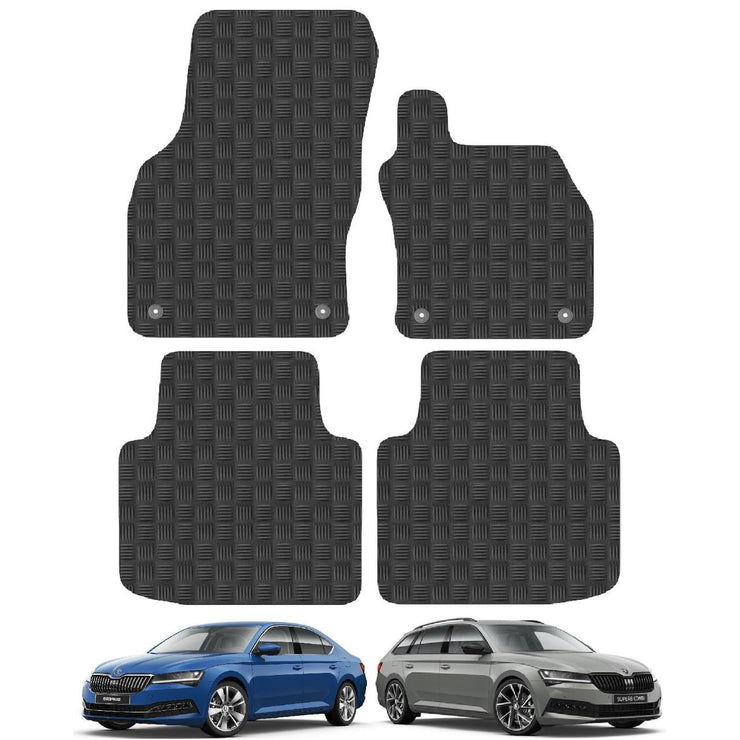 Car Mats for Skoda Superb (2015+) Tailored Fit Rubber Floor Mat Set Accessory Black Custom Fitted 4 Pieces with Clips - Anti-Slip Backing, Heavy Duty & Waterproof