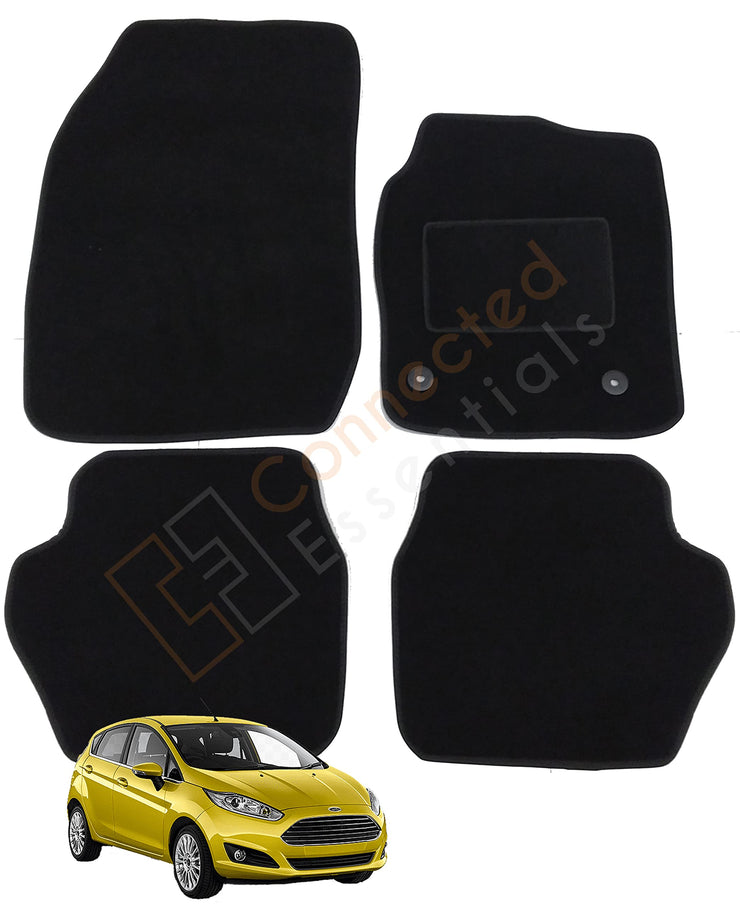 Fully Tailored Car Mats for Ford Fiesta MK7 2008-2017, Set of 4 Floor Mats, Black with Black Trim with 2 Safety Clips 1947554