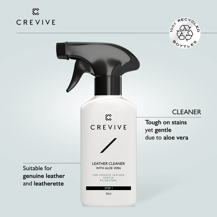 CREVIVE Leather Cleaner and Leather Conditioner with Aloe Vera incl. Sponge + 2x Cloth - Leather Cleaner for Sofas - Car Leather Cleaner and Conditioner - Leather Furniture Cleaner - Leather Care Kit