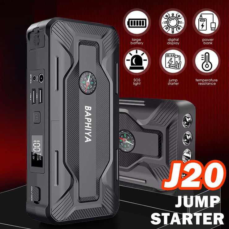 BAPHIYA Jump Starter Power Pack-J20, 2000A Peak 12V Car Battery Booster Jump Starter for up to 6L Gas/4L Diesel, Portable Powerbank with 3 USB Cables and Car Charger, 4 LED Modes& LCD Digital Display