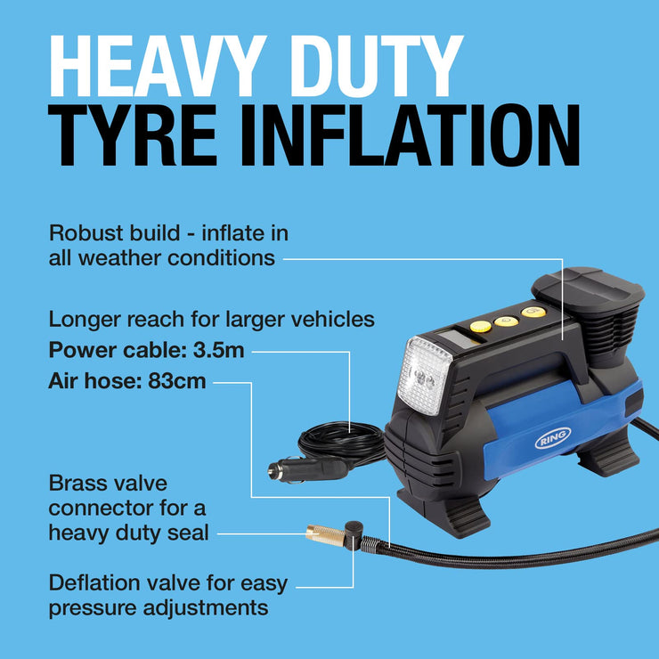 Ring RAC820 Heavy Duty Tyre Inflator - Digital Preset, Auto-Stop, SUV, Caravan - 12V, Adaptor Set, Storage Case