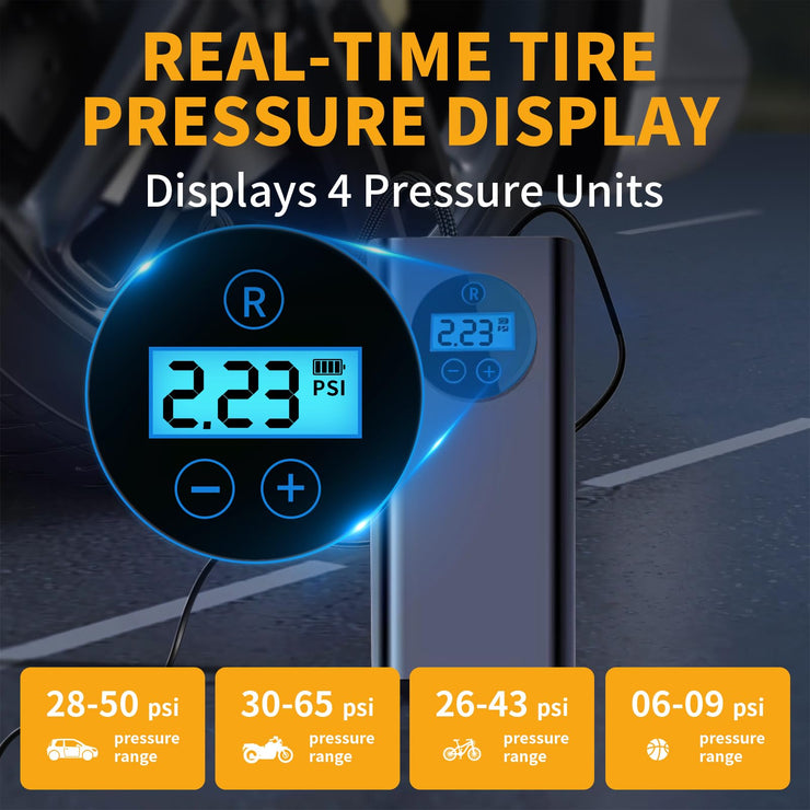 Tyre Inflator Air Compressor 12V DC, Digital Tyre Inflator 150 PSI, Preset Tyre Pressure & Auto Shutoff, with 3 Nozzle Adaptors, Electric Air Pump for Car Tyres, Bicycles, Other Inflatables