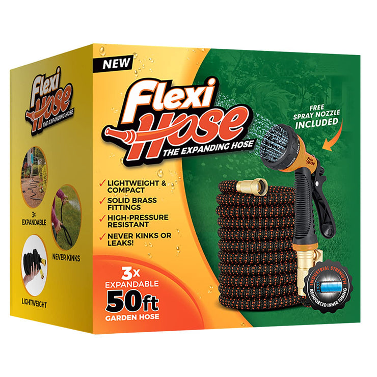 Flexi Hose Upgraded Expandable Garden Hose Pipe Including 8 Function Spray Gun Nozzle - Extra Strength with 2 cm Solid Brass Fittings - No-Kink Flexible Garden Hoses (Orange/Black 15 Metres)