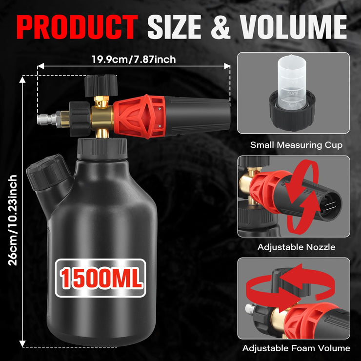 Snow Foam Cannon,1500ml Snow Foam Gun Sprayer Car Wash Foam Sprayer with Adjustable Spray Nozzle Snow Foam Lance for Pressure Washer with 1/4&