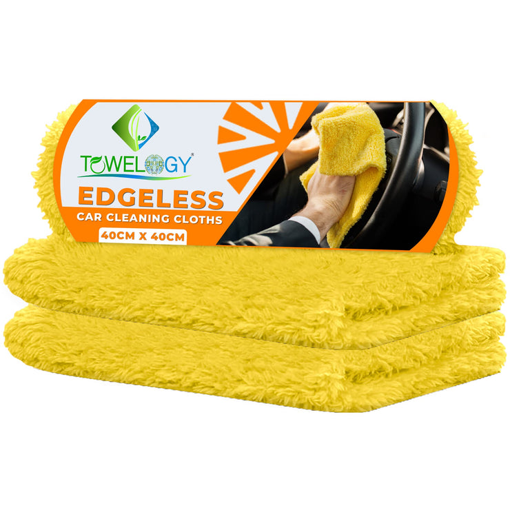 Towelogy® Premium Edgeless Microfibre Cloth for Car Drying and Detailing Dual Sided Piles Ultra Plush Scratch Free Cleaning Auto Towels 40x40cm (Yellow, 2)