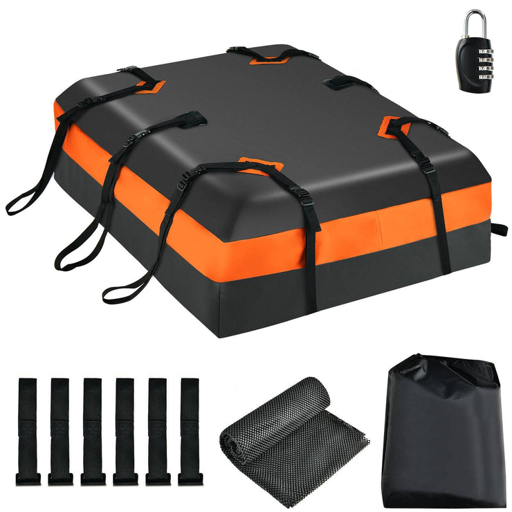 GiantexUK 15/21 Cubic Feet Car Roof Bag, Waterproof Cargo Top Carrier with Non-Slip Mat, Combination Lock, 6 Door Hooks & Straps, Rooftop Luggage Storage Box for Car Suv (Black+Orange, 424L)