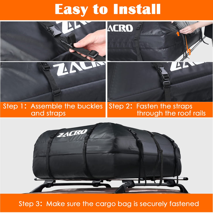 Zacro Car Roof Bag Waterproof - 15 Cubic Feet (425 L) Car Roof Box - Straps for Any Car with/without Roof Rack/Rails/Bars - Foldable Car Top Carrier with 10 Reinforced Straps and 6 Door Hooks