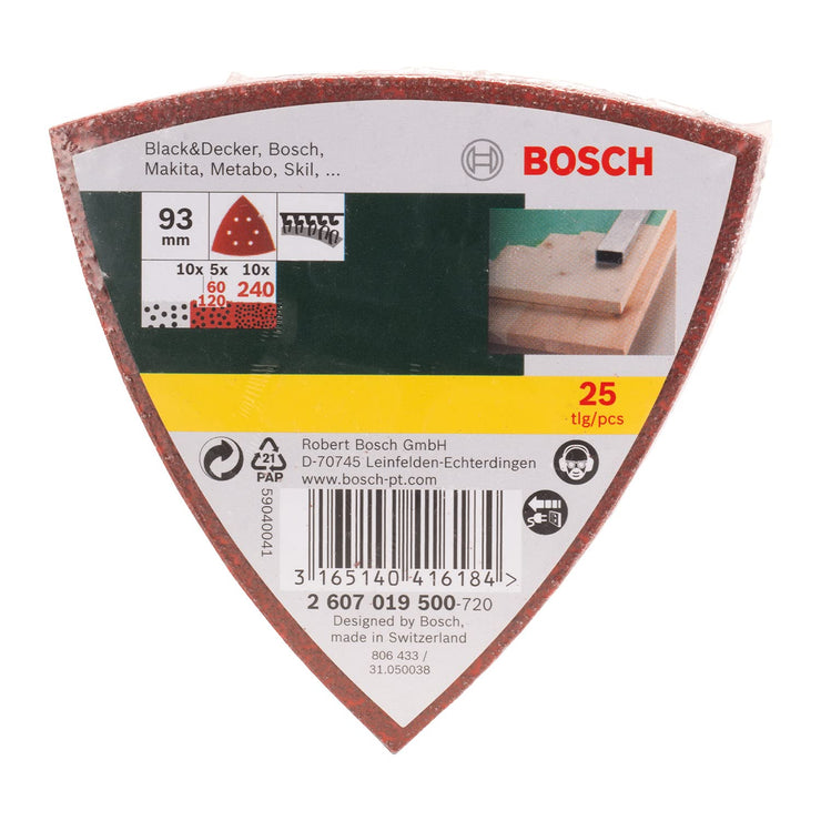 Bosch Accessories Home and Garden 2607019500 25 Delta Sanding Sheets Mixed, 60-240 Grit, Red