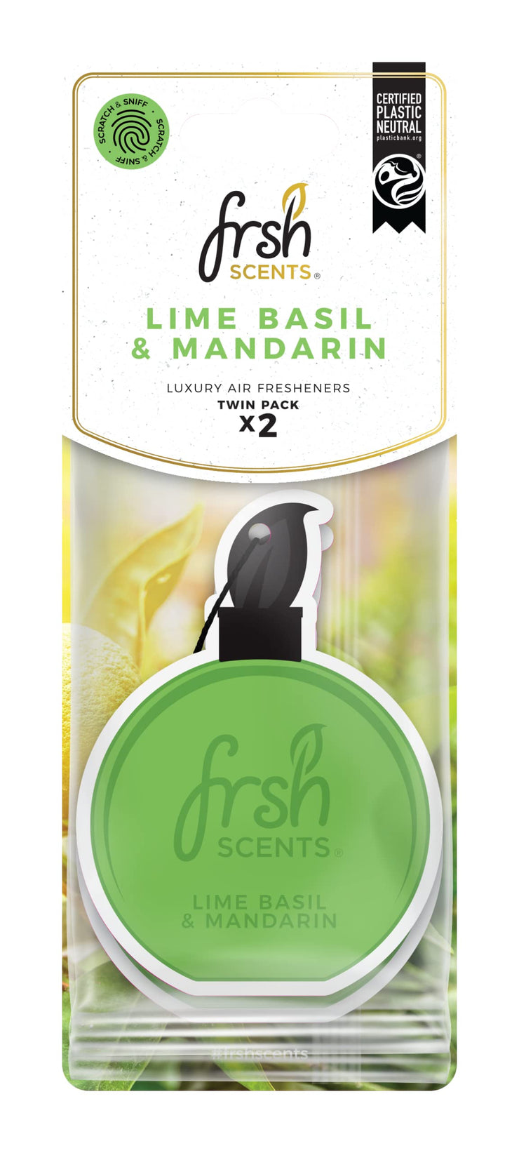 FRSH Scents FR1362 Lime Basil & Mandarin Luxury Card Air Freshener – Lifespan of up to 30 Days – Ideal for rear-view mirrors and hanging handles – Twin Pack, Green