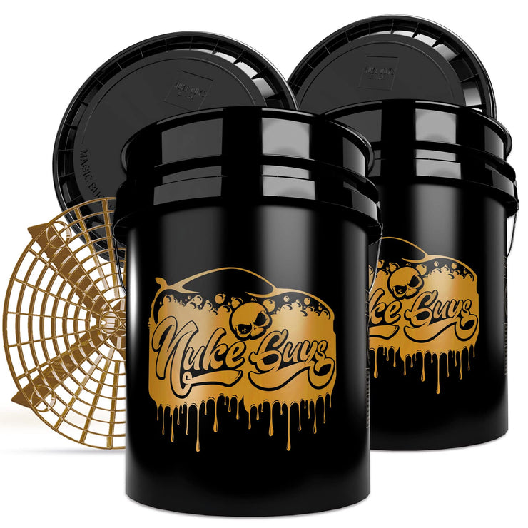 Nuke Guys Gold Bucket Limited Set - 2 x Wash Buckets 5 Gallons with 2 x Bucket Lid and Grit Guard Bucket Insert - Car Wash Bucket with Lid and Dirt Strainer for Gentle Car Washing / Motorcycle Washing