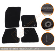 Connected Essentials Fully Tailored Deluxe Car Mats For Ford Focus MK3 2011-2018, Set of 4, Black With Black Trim With 2 Safety Clips in Drivers Mat, One Size, 5003945