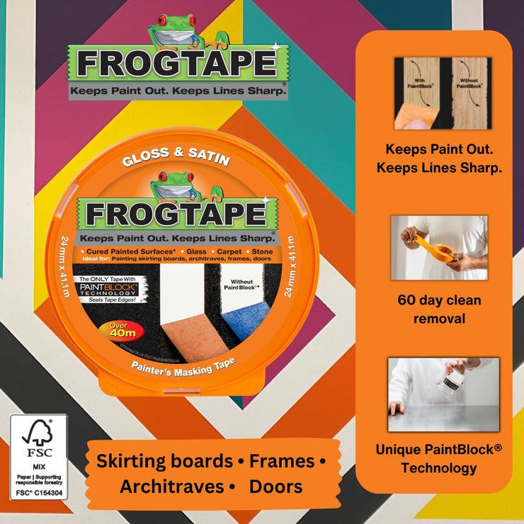 Frog Tape Orange Gloss & Satin Painters Masking Tape 24mm x 41.1m, Indoor Painting and Decorating For Sharp Lines and No Paint Bleed