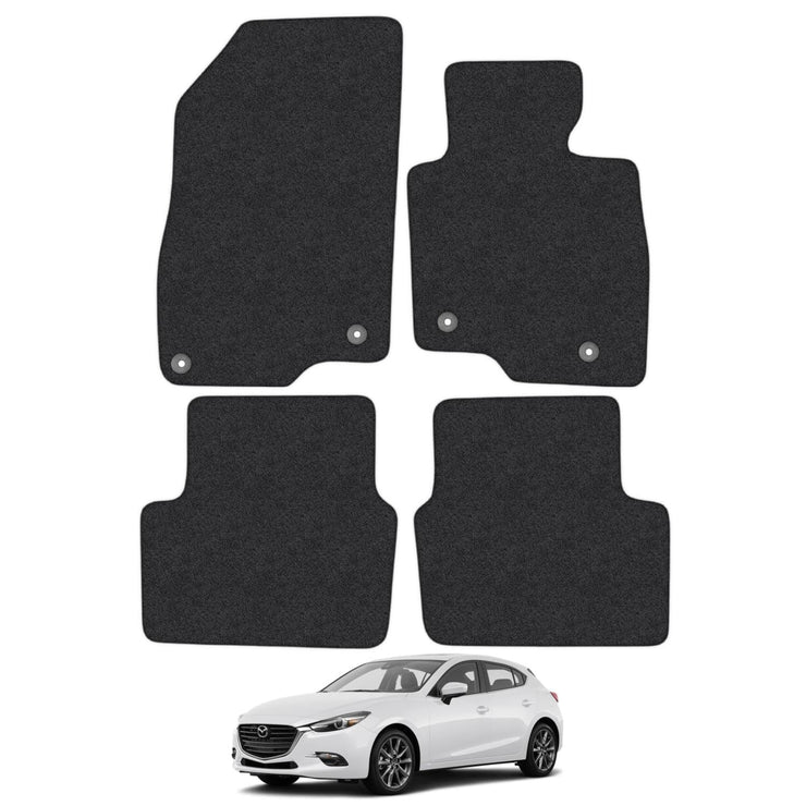 Car Mats for Mazda 3 (2013-2019) Tailored Fit Carpet Floor Mat Set Accessory Black Custom Fitted 4 Pieces with Clips - Anti-Slip Backing & Black Trim Edging