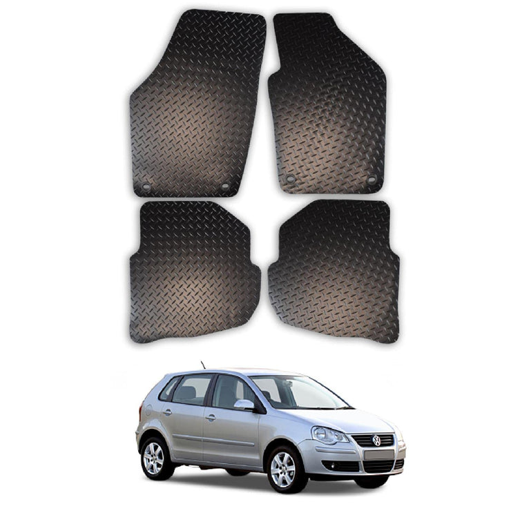 Car Mats for VW Polo (2004-2009) Tailored Fit Rubber Floor Mat Set Accessory Black Custom Fitted 4 Pieces with Clips - Anti-Slip Backing, Heavy Duty & Waterproof