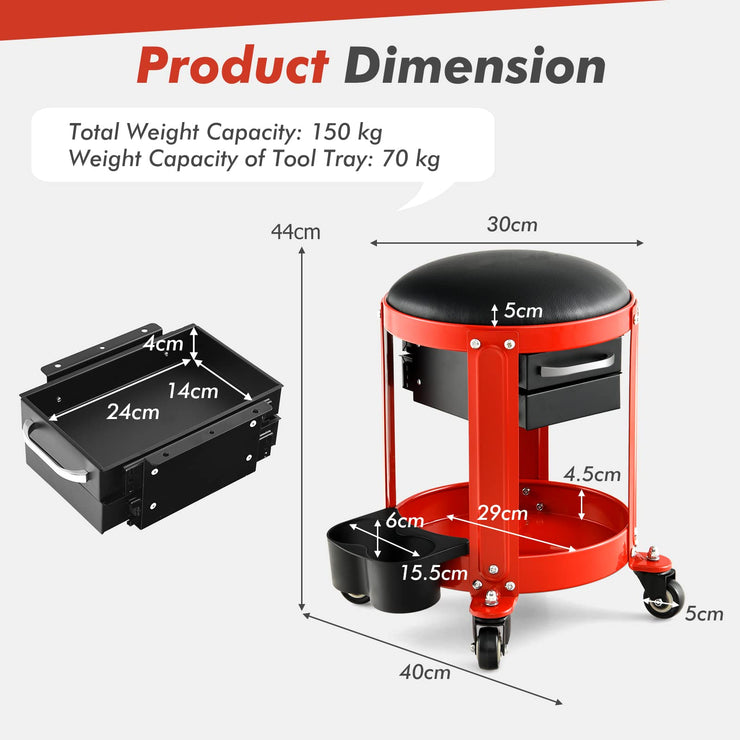 COSTWAY Rolling Workshop Creeper Seat, Mechanic Roller Stool with Removable Padded Seat, 2 Drawers Twin Can Holders and Tool Tray, Repair Shop Garage Roller Toolbox Work Seat, 150KG Capacity