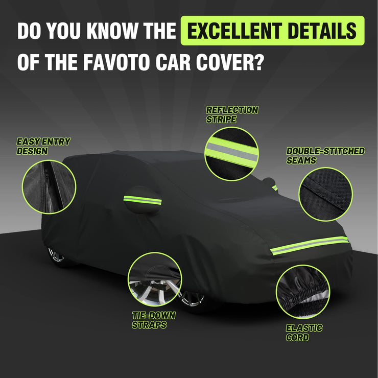 Favoto Hatchback Car Cover, Out Door Full Car Covers Waterproof Large with Right Side Zipper Sun Protection Windproof Exterior Covers Universal Fit (157 to 171 inches) Black Car Cover