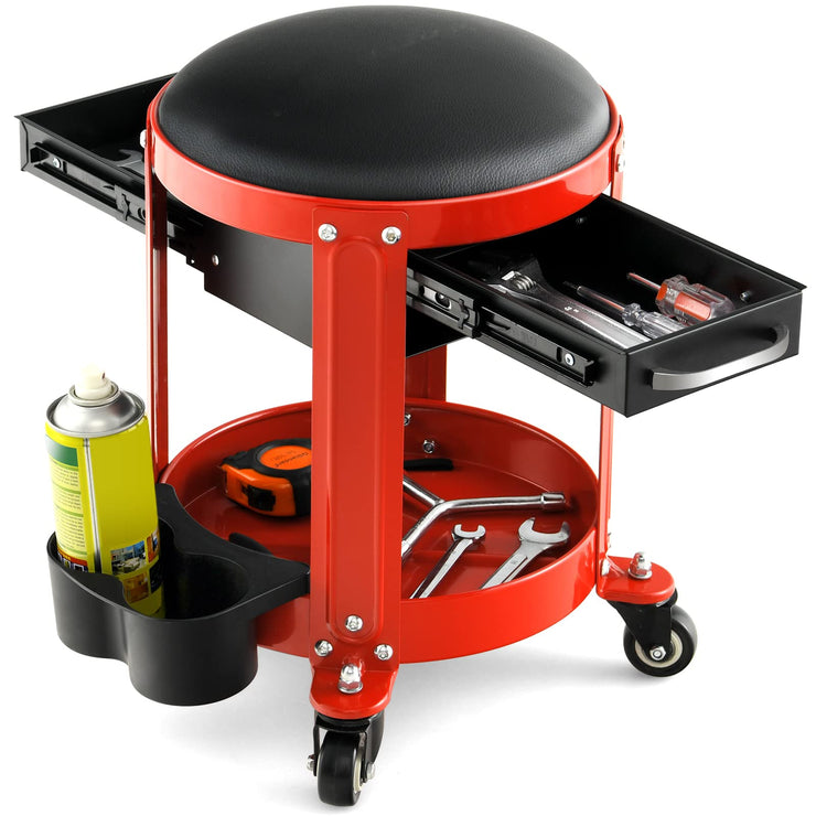 COSTWAY Rolling Workshop Creeper Seat, Mechanic Roller Stool with Removable Padded Seat, 2 Drawers Twin Can Holders and Tool Tray, Repair Shop Garage Roller Toolbox Work Seat, 150KG Capacity