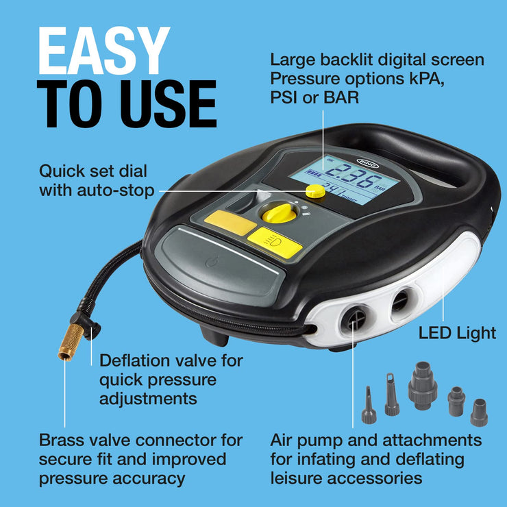 Ring Automotive - RTC6000 Cordless 4-in-1 Tyre Inflator with Air Pump, Quick Set Auto Stop, Large Digital Screen, Power Bank, LED Light, Valve Caps, Latex Gloves and Storage Case, Grey