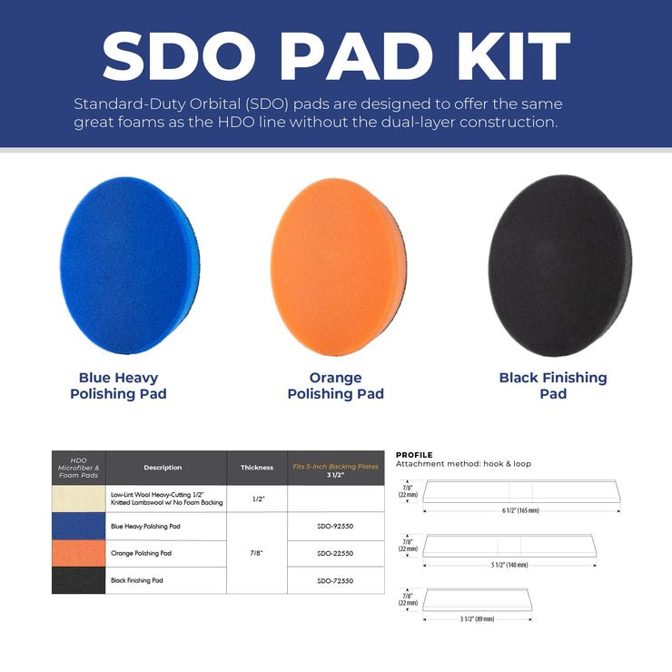 Lake Country Manufacturing SDO Microfiber and Foam Buffing and Polishing Kit w/Tapered Edge - Blue Heavy Polishing Pad, Orange Polishing Pad and Black Finishing Pad for Compounding (3 Pack, 3.5")