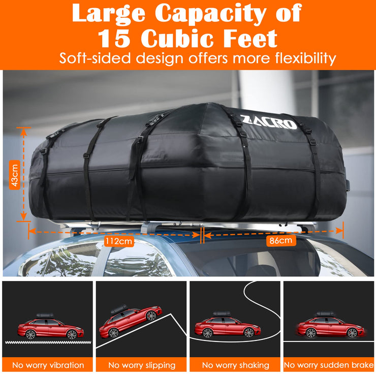 Zacro Car Roof Bag Waterproof - 15 Cubic Feet (425 L) Car Roof Box - Straps for Any Car with/without Roof Rack/Rails/Bars - Foldable Car Top Carrier with 10 Reinforced Straps and 6 Door Hooks