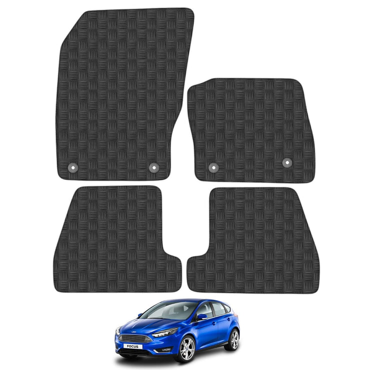 Car Mats for Ford Focus (2015-2018) [MK3] Tailored Fit Rubber Floor Mat Set Accessory Black Custom Fitted 4 Pieces with Clips - Anti-Slip Backing, Heavy Duty & Waterproof