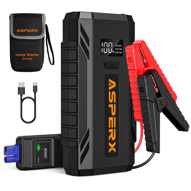 ASPERX Jump Starter Power Pack(Up to 7L Gas/5.5L Diesel),1500A Car Battery Booster Jump Starter with Jump Leads,LED Flashlight &1.4 INCH LCD Display,Jump Pack for 12V Vehicles Pickup SUV Motorcycle