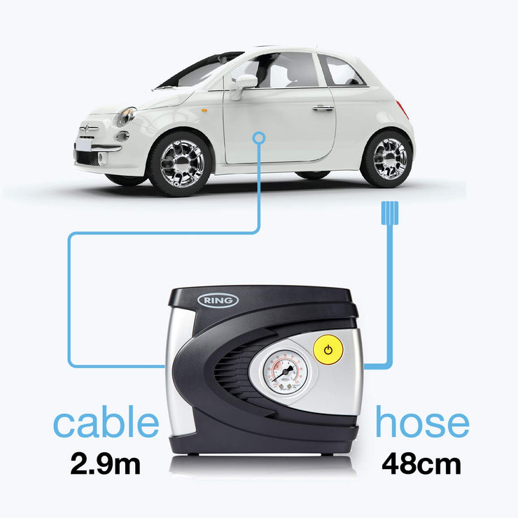 Ring Automotive RAC610 12V Analogue Tyre Inflator, Air Compressor Tyre Pump, 4.5 Min Tyre Inflation, Valve Adaptors + Amazon Basics 4.8 Amp/24W Dual USB Car Charger for Apple & Android Devices, Black