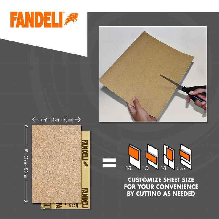 Fandeli | Multi-Purpose Sanding Paper | Assorted Grits (80,120,220) | 50 Sheets of 23 x 28 cm | Perfect for Sanding Metal and Sanding Wood | Hand Sanding | Orbital Sanders