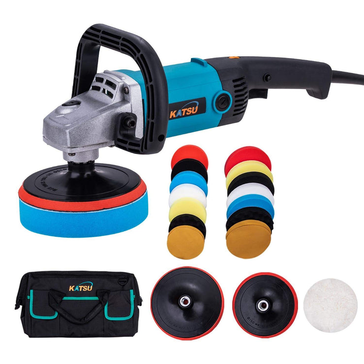 KATSU Car Polisher 1200W 150mm 180mm with 20PCs Polishing Sponge Set and Tool Bag, 6 Variable Speeds Electric Car Buffer Polishing Waxing Machine, Car Detailing Kit 101327S