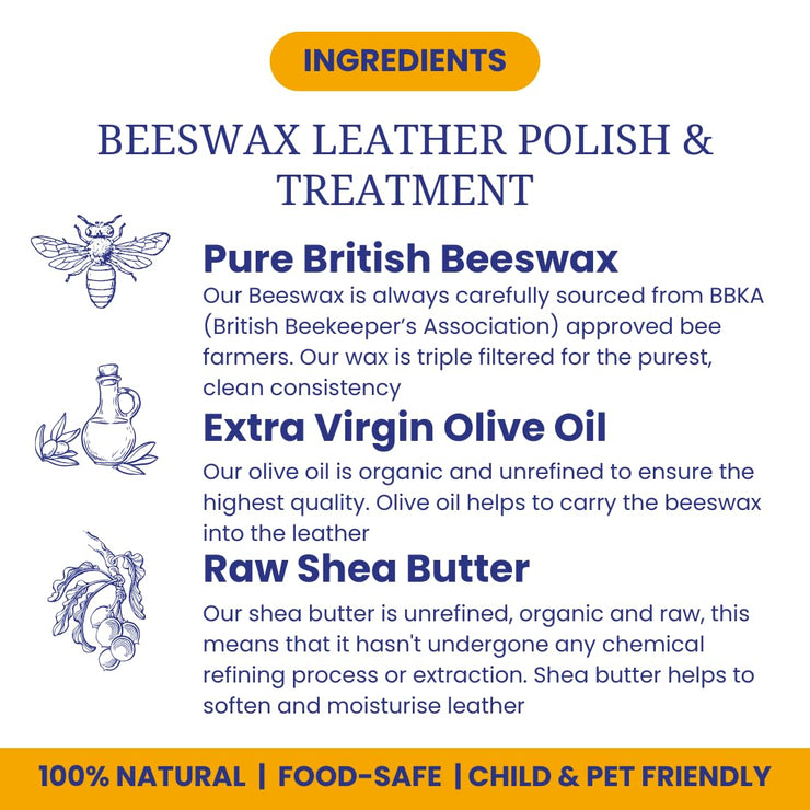 Beeswax Leather Conditioner Restorer & Polish - Hand Poured British Beeswax Balsam CLEANS SEALS and PROTECTS Handcrafted in Wales UK Rich Natural Leather Conditioner and Leather Restorer (100g)