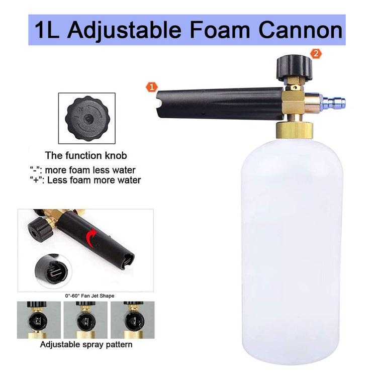 Pressure Washer Foam Cannon, 1L Adjustable 1/4" Quick Release Snow Foam Lance Gun Soap Dispenser Bottle with 5Pcs Pressure Washer Spray Nozzle Tips for Car Washing, Yard Cleaning