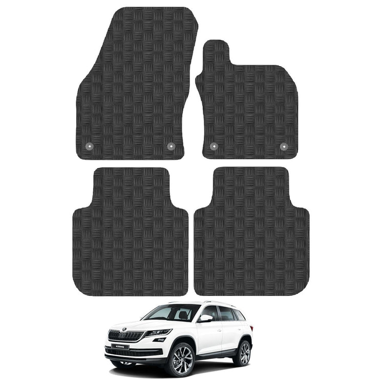 Car Mats for Skoda Kodiaq (2016+) Tailored Fit Rubber Floor Mat Set Accessory Black Custom Fitted 4 Pieces with Clips - Anti-Slip Backing, Heavy Duty & Waterproof