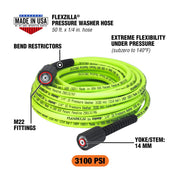 Flexzilla Pressure Washer Hose with M22 Fittings, 1/4 in. x 50 ft., ZillaGreen - HFZPW3450M-E