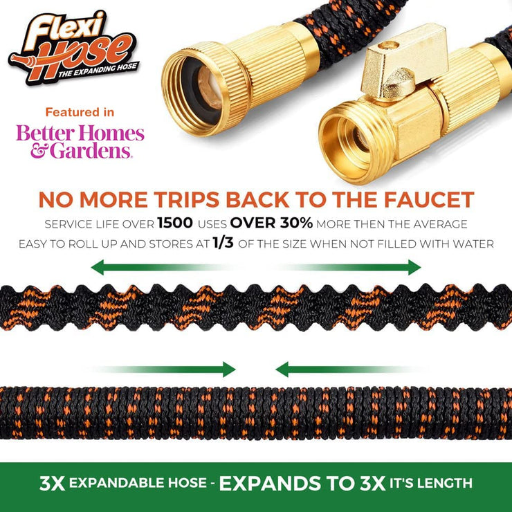 Flexi Hose Upgraded Expandable Garden Hose Pipe Including 8 Function Spray Gun Nozzle - Extra Strength with 2 cm Solid Brass Fittings - No-Kink Flexible Garden Hoses (Orange/Black 15 Metres)