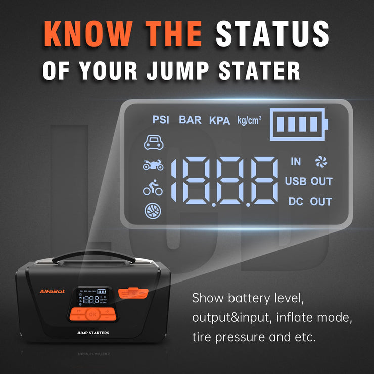 Car Jump Starter with Air Compressor, 4000A Peak 150PSI Portable Battery Starter 12V 26800mAh Car Battery Booster Pack (8.0L Diesel/All Gas), 4 in 1 Jump Starter/Air Compressor/Power Bank/LED Light