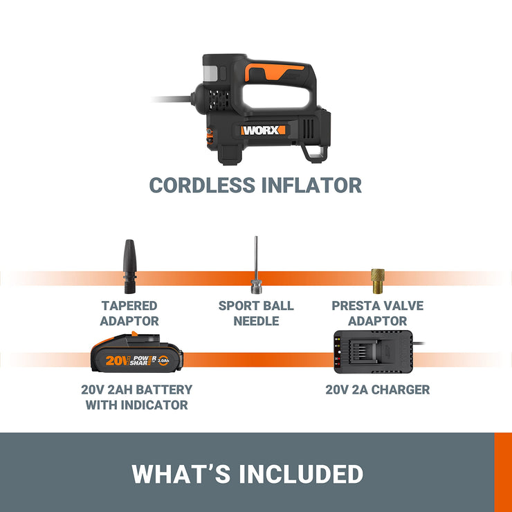 WORX 20V Cordless Inflator WX092 Multi-Function Air Pump, Powerful LED Light & SOS Emergency Light, Max. 150 PSI High Pressure, PowerShare, 1 * 2.0Ah Battery, 1 * 2A Charger